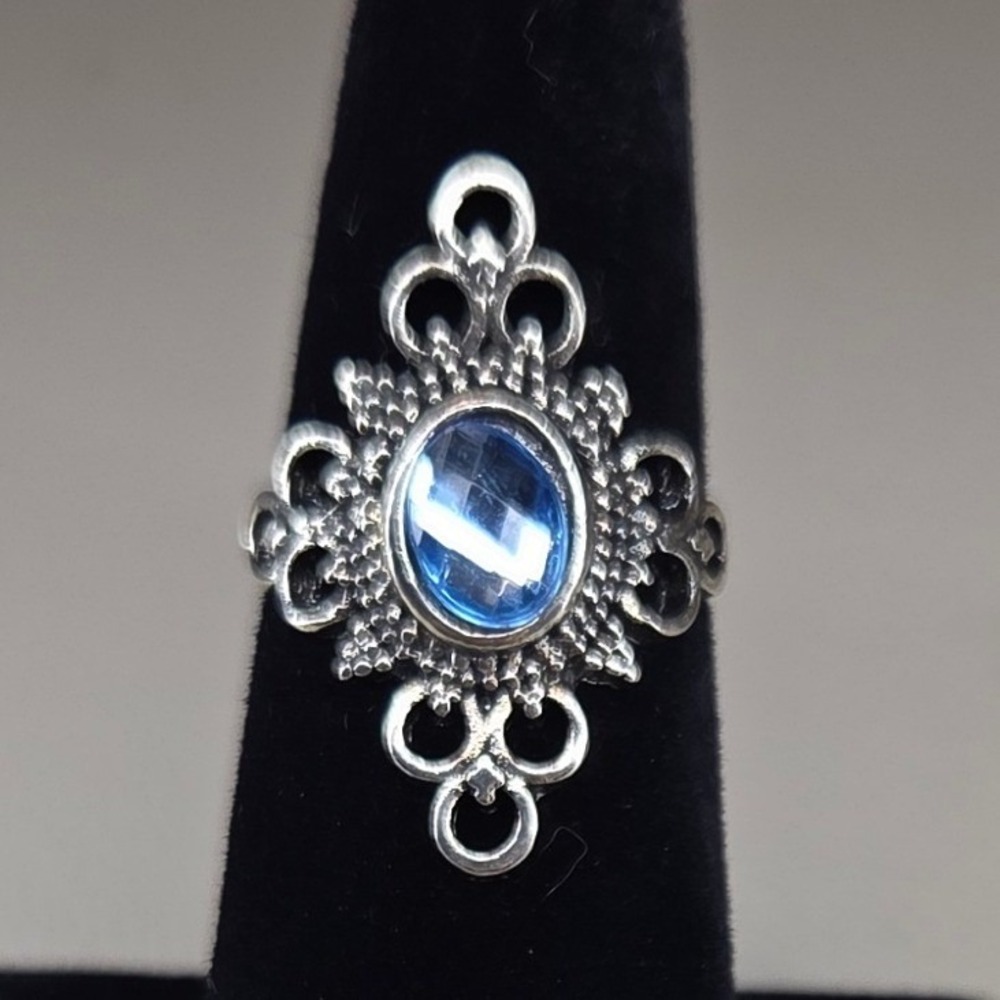 Silver Tone Blue Stone Filigree Cocktail Ring Ornate Statement Size 6.5 0420